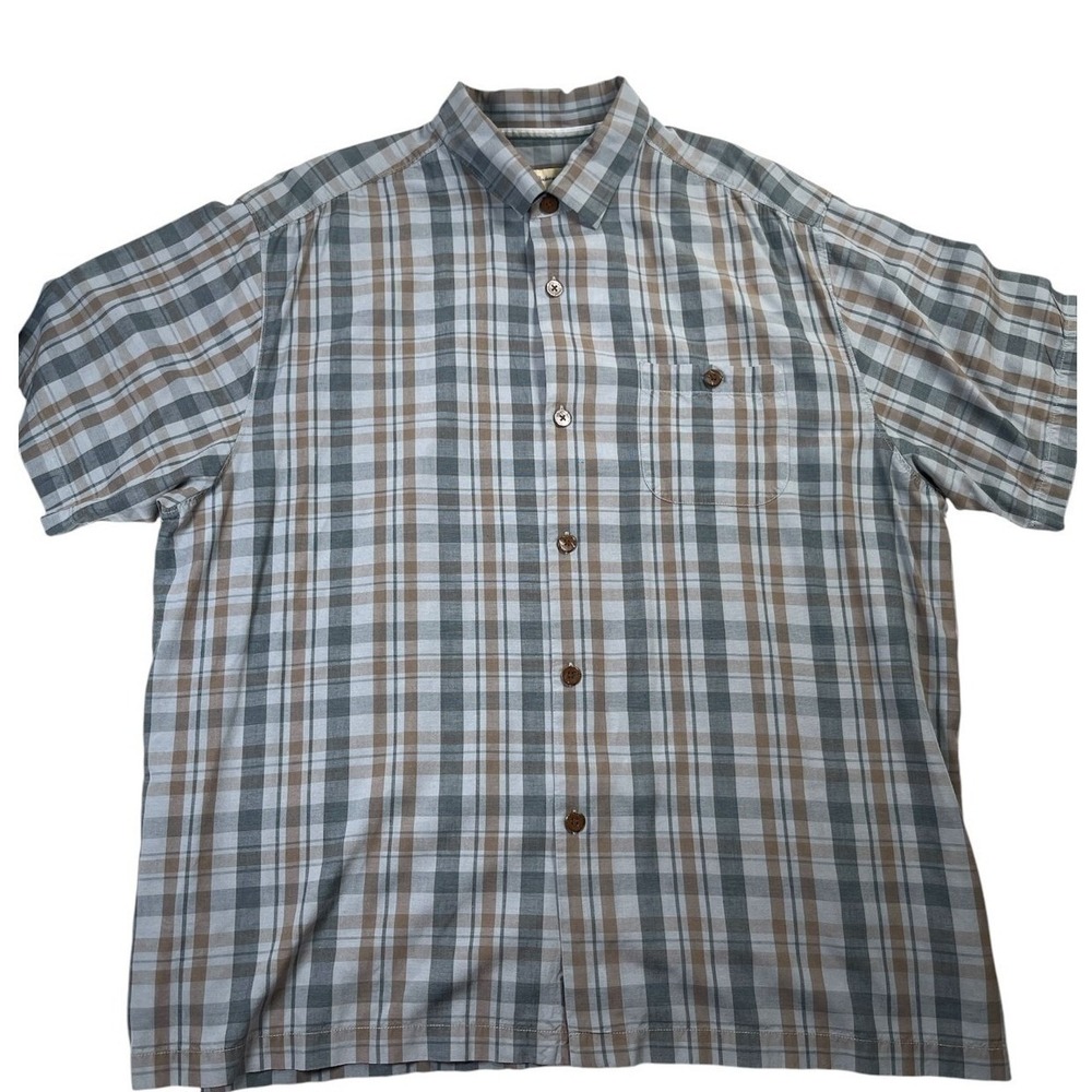 Tommy Bahama Button-Up Shirt Men's 2XL Gray 100% Silk Plaid Fit Short‎ Sleeve